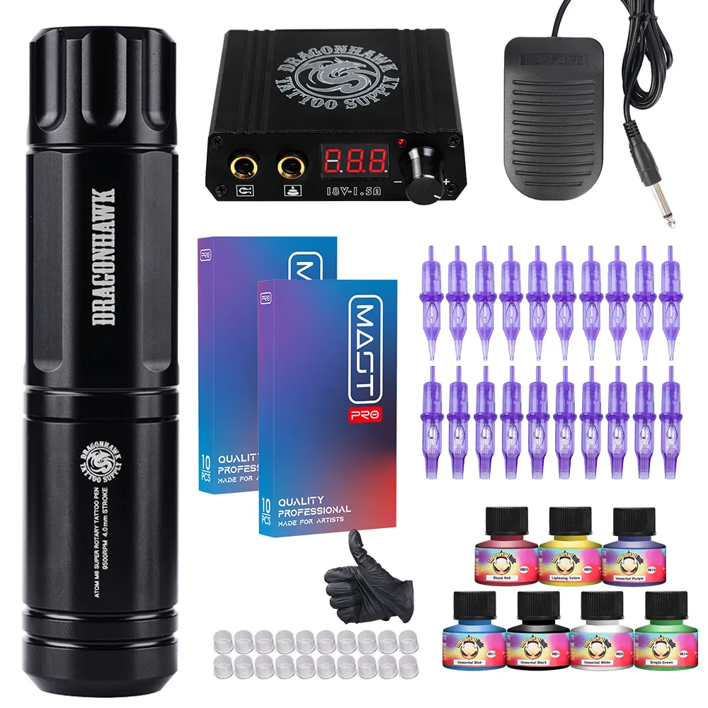 Dragonhawk Rotary Tattoo Kit With Cartridge Needles, Ink 9v Power Adapter  Set, And D3017 9 Cartridges From Tattoodiy, $43.1